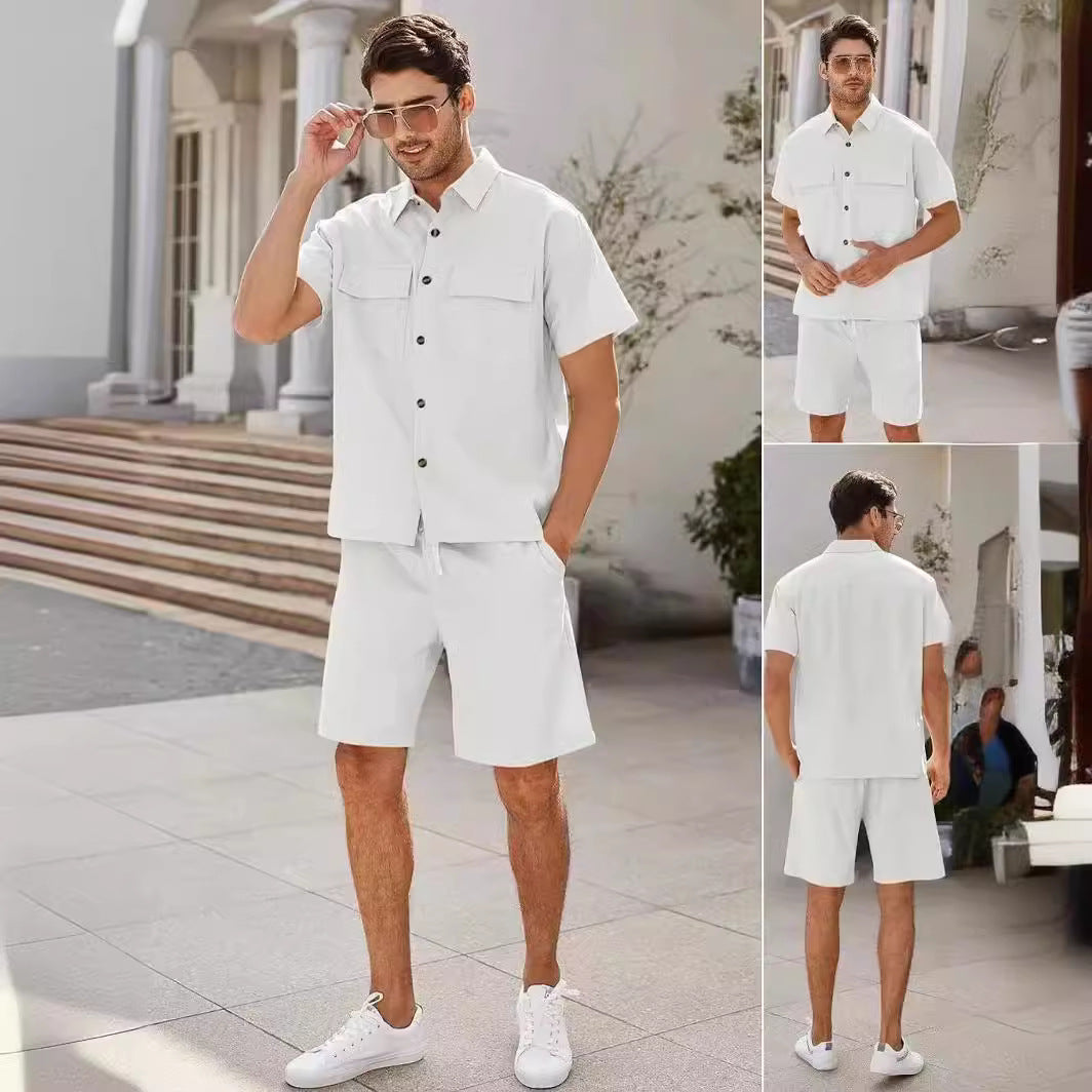 Men Short Sleeve Lapel Pockets Shirt & Drawstring Shorts