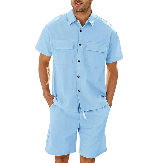 Men Short Sleeve Lapel Pockets Shirt & Drawstring Shorts