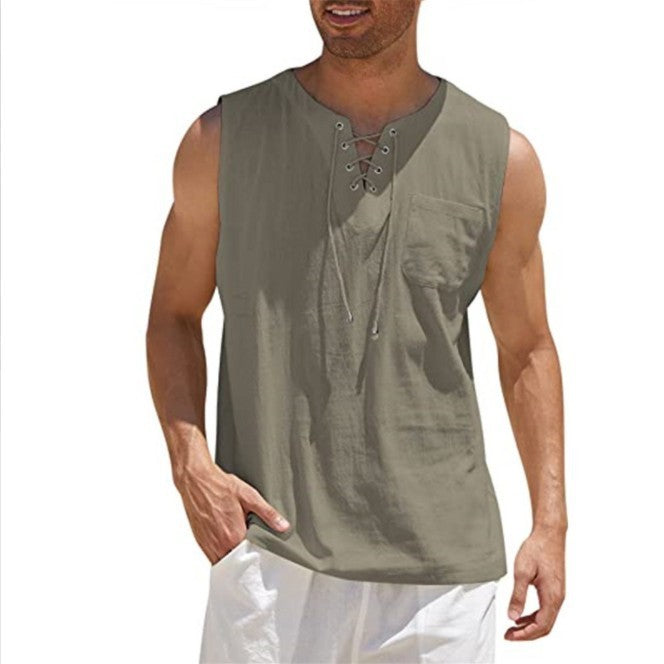 Summer Tank Vest Men Shirt Collar Tie Short Sleeve T-Shirt